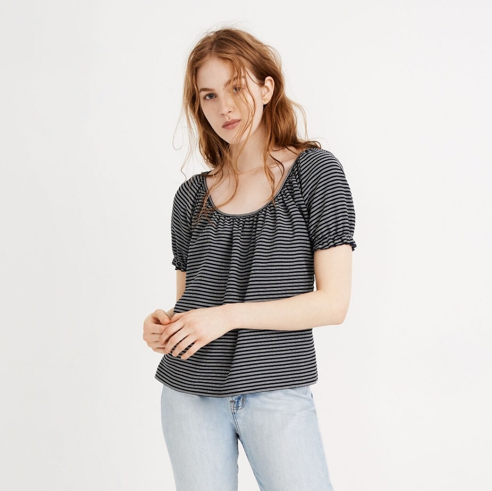 Madewell Texture & Thread Peasant Top in Deep Navy Ellis Stripe Size XS EUC
